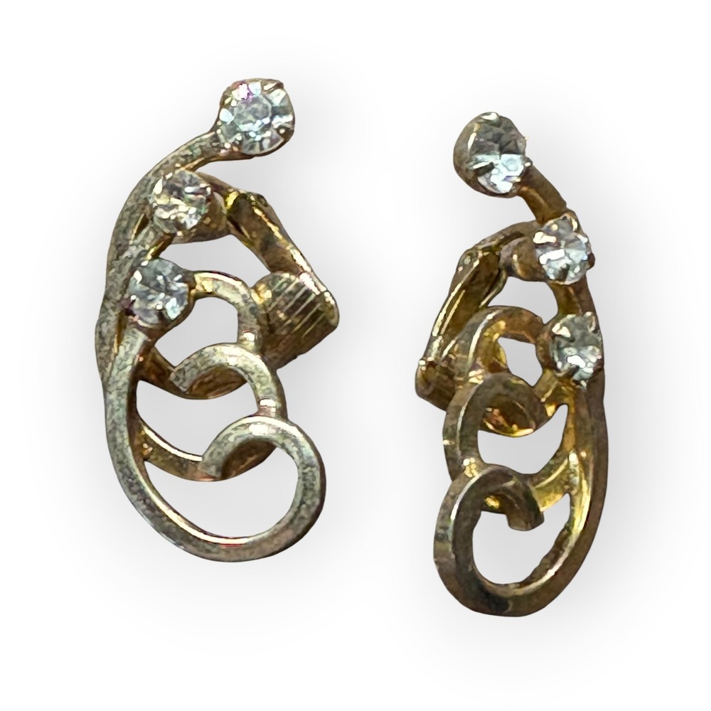 Sarah Coventry Clip On Earrings Vintage Rhinestone Gold Tone Good SAC Swirl